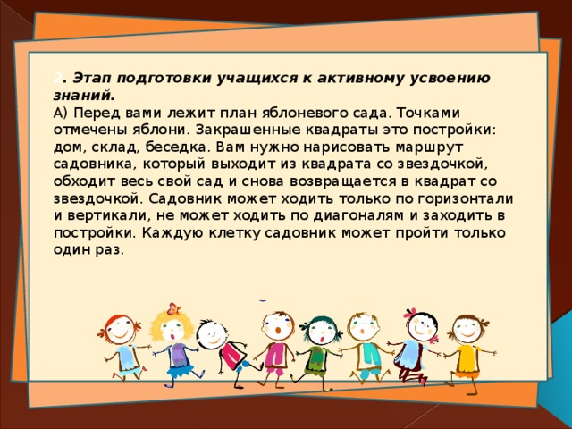 2 . Этап подготовки учащихся к активному усвоению знаний.  А) Перед вами лежит план яблоневого сада. Точками отмечены яблони. Закрашенные квадраты это постройки: дом, склад, беседка. Вам нужно нарисовать маршрут садовника, который выходит из квадрата со звездочкой, обходит весь свой сад и снова возвращается в квадрат со звездочкой. Садовник может ходить только по горизонтали и вертикали, не может ходить по диагоналям и заходить в постройки. Каждую клетку садовник может пройти только один раз. 
