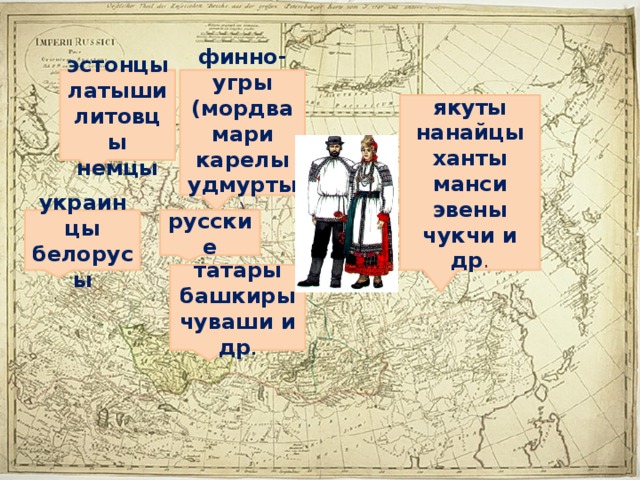 эстонцы латыши литовцы немцы финно-угры (мордва мари карелы удмурты ) якуты нанайцы ханты манси эвены чукчи и др . украинцы белорусы русские татары башкиры чуваши и др . 