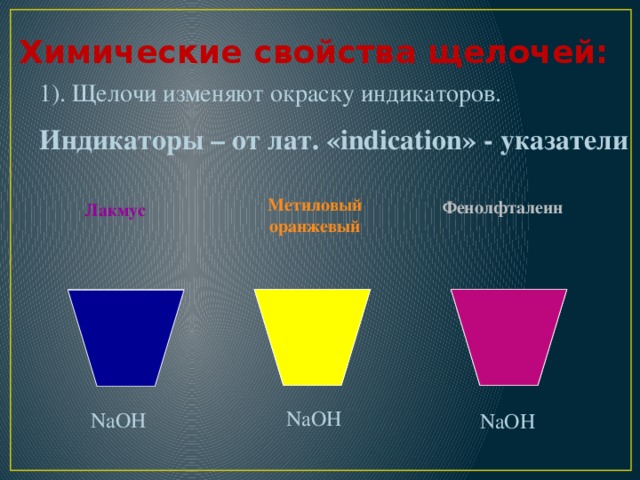 Химические свойства щелочей: 1). Щелочи изменяют окраску индикаторов. Индикаторы – от лат. «indication» - указатели Метиловый оранжевый Фенолфталеин Лакмус  NaOH NaOH NaOH 
