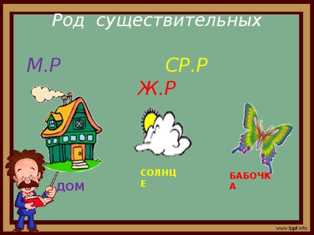СОЛНЦЕ БАБОЧКА  Род существительных   М.Р  СР.Р Ж.Р ДОМ 