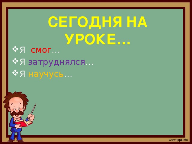 Сегодня на уроке… Я смог … Я затруднялся … Я научусь … 