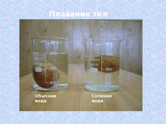 Плавание тел Обычная вода Соленая вода 