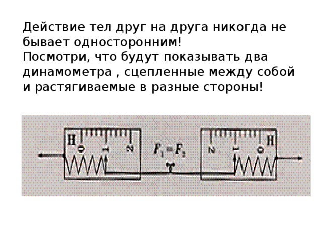 Действие тел друг на друга никогда не бывает односторонним!  Посмотри, что будут показывать два динамометра , сцепленные между собой и растягиваемые в разные стороны! 
