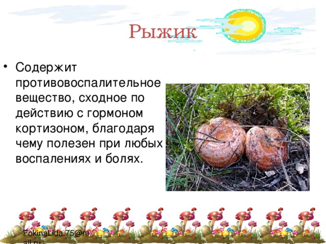 Рыжик Содержит противовоспалительное вещество, сходное по действию с гормоном кортизоном, благодаря чему полезен при любых воспалениях и болях. 