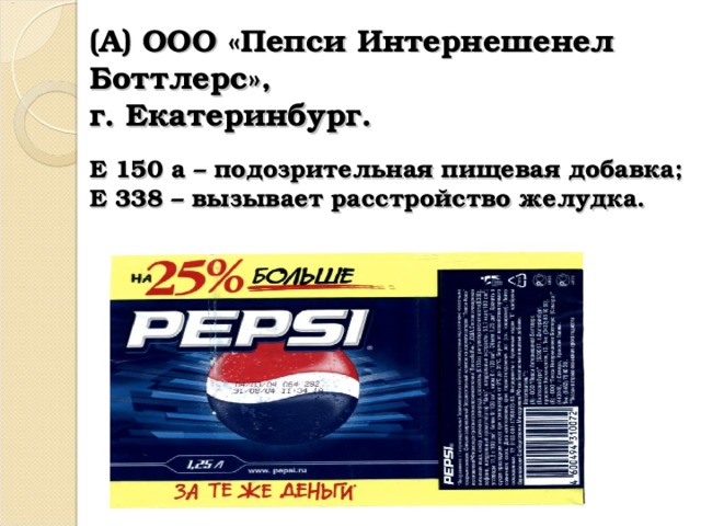 (А) ООО «Пепси Интернешенел Боттлерс»,  г. Екатеринбург.   Е 150 а – подозрительная пищевая добавка;  Е 338 – вызывает расстройство желудка. 