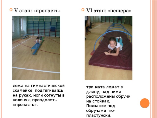  VI этап: «пещера» V этап: «пропасть» лежа на гимнастической скамейке, подтягиваясь на руках, ноги согнуты в коленях, преодолеть «пропасть». три мата лежат в длину, над ними расположены обручи на стойках. Ползание под обручами по-пластунски. 