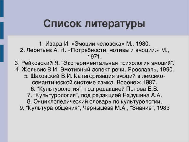 Список литературы 1. Изард И. «Эмоции человека» М., 1980. 2. Леонтьев А. Н. «Потребности, мотивы и эмоции.» М., 1971. 3. Рейковский Я. “Экспериментальная психология эмоций”. 4. Жельвис В.И. Эмотивный аспект речи. Ярославль, 1990. 5. Шаховский В.И. Категоризация эмоций в лексико-семантической системе языка. Воронеж,1987. 6. “Культурология”, под редакцией Попова Е.В. 7. “Культурология”, под редакцией Радушина А.А. 8. Энциклопедический словарь по культурологии. 9. “Культура общения”, Чернышева М.А., “Знание”, 1983 