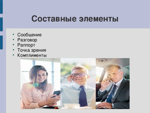 Составные элементы Сообщение Разговор Раппорт Точка зрения Комплименты 