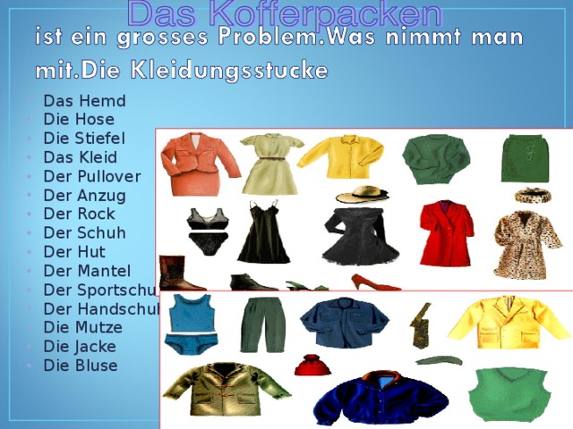 Das Hemd Die Hose Die Stiefel Das Kleid Der Pullover Der Anzug Der Rock Der Schuh Der Hut Der Mantel Der Sportschuh Der Handschuh Die Mutze Die Jacke Die Bluse 