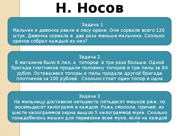Н. Носов Задача 1 Мальчик и девочка рвали в лесу орехи. Они сорвали всего 120 штук. Девочка сорвала в  два раза меньше мальчика. Сколько орехов собрал каждый из них? Задача 2  В магазине было 8 пил, а  топоров  в три раза больше. Одной бригаде плотников продали половину топоров и три пилы за 84 рубля. Оставшиеся топоры и пилы продали другой бригаде плотников за 100 рублей.  Сколько стоит один топор и одна пила? Задача 3  На мельницу доставили четыреста пятьдесят мешков ржи, по восемьдесят килограмм в каждом. Рожь смололи, причем, из шести килограммов зерна вышло 5 килограммов муки. Сколько понадобилось машин для перевозки всей муки, если на каждой машине помещалось по три тонны муки? 