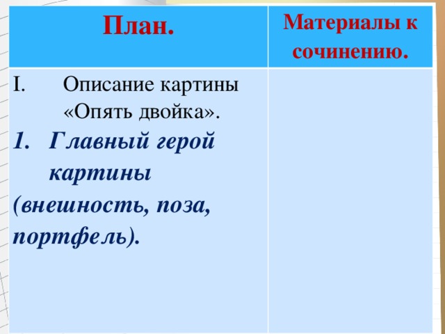 План. Материалы к сочинению. Описание картины «Опять двойка». Главный герой картины (внешность, поза, портфель). 