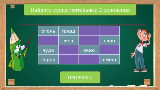 Найдите существительные 2 склонения огонь плащ свеча тень печь слон меч мышь чудо окно сова речь зерно шмель дань берёза ПРОВЕРКА 