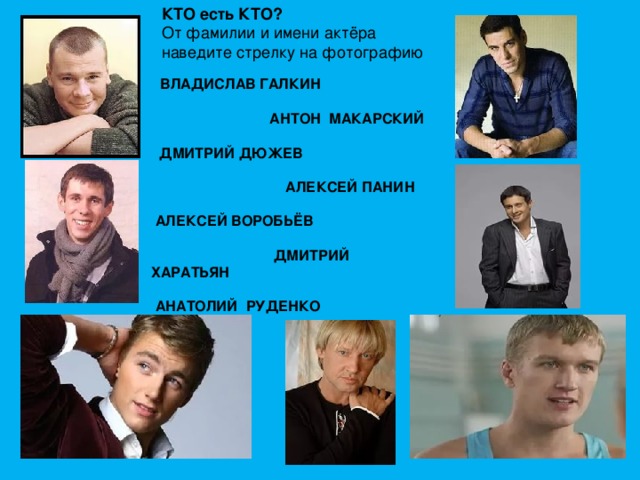 КТО есть КТО?  От фамилии и имени актёра наведите стрелку на фотографию  ВЛАДИСЛАВ ГАЛКИН   АНТОН МАКАРСКИЙ   ДМИТРИЙ ДЮЖЕВ   АЛЕКСЕЙ ПАНИН   АЛЕКСЕЙ ВОРОБЬЁВ   ДМИТРИЙ ХАРАТЬЯН   АНАТОЛИЙ РУДЕНКО 
