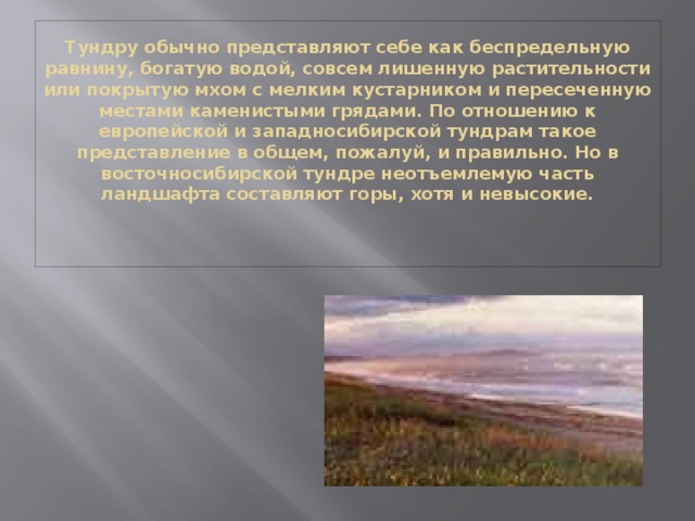 Тундру обычно представляют себе как беспредельную равнину, богатую водой, совсем лишенную растительности или покрытую мхом с мелким кустарником и пересеченную местами каменистыми грядами. По отношению к европейской и западносибирской тундрам такое представление в общем, пожалуй, и правильно. Но в восточносибирской тундре неотъемлемую часть ландшафта составляют горы, хотя и невысокие.   