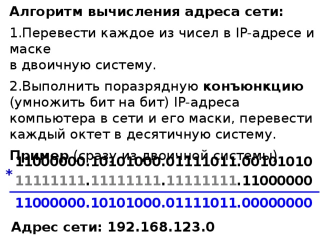 Алгоритм вычисления адреса сети: Перевести каждое из чисел в IP- адресе и маске  в двоичную систему. Выполнить поразрядную конъюнкцию (умножить бит на бит) IP- адреса компьютера в сети и его маски, перевести каждый октет в десятичную систему. Пример (сразу из двоичной системы) 1 1 0 0 0 0 0 0 . 1 0 1 0 1 0 0 0 . 0 1 1 1 1 0 1 1 . 0 0 1 0 1 0 1 0 * 1 1 1 1 1 1 1 1 . 1 1 1 1 1 1 1 1 . 1 1 1 1 1 1 1 1 . 1 1 0 0 0 0 0 0 1 1 0 0 0 0 0 0 . 1 0 1 0 1 0 0 0 . 0 1 1 1 1 0 1 1 . 0 0 0 0 0 0 0 0 Адрес сети: 192.168.123.0 