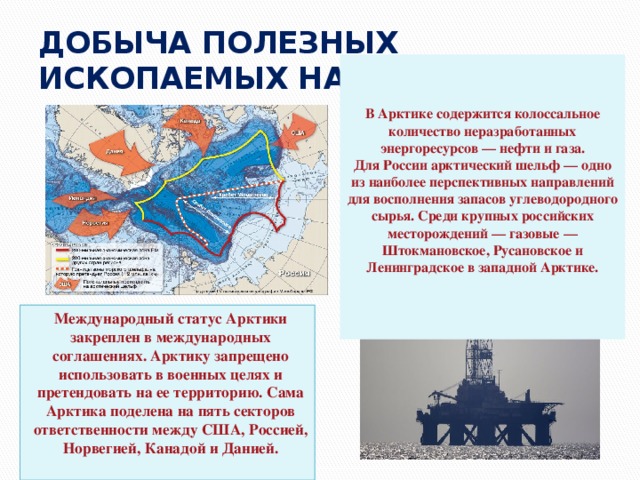 ДОБЫЧА ПОЛЕЗНЫХ ИСКОПАЕМЫХ НА ШЕЛЬФЕ В Арктике содержится колоссальное количество неразработанных энергоресурсов — нефти и газа. Для России арктический шельф — одно из наиболее перспективных направлений для восполнения запасов углеводородного сырья. Среди крупных российских месторождений — газовые — Штокмановское, Русановское и Ленинградское в западной Арктике.  Международный статус Арктики закреплен в международных соглашениях. Арктику запрещено использовать в военных целях и претендовать на ее территорию. Сама Арктика поделена на пять секторов ответственности между США, Россией, Норвегией, Канадой и Данией. 