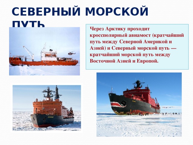 СЕВЕРНЫЙ МОРСКОЙ ПУТЬ Через Арктику проходит кроссполярный авиамост (кратчайший путь между Северной Америкой и Азией) и Северный морской путь — кратчайший морской путь между Восточной Азией и Европой. 