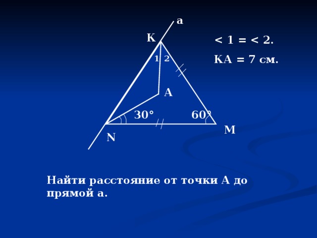 а К  1 =  2. КА = 7 см. 1 2 А 60 ° 30 ° М N Найти расстояние от точки А до прямой а. 