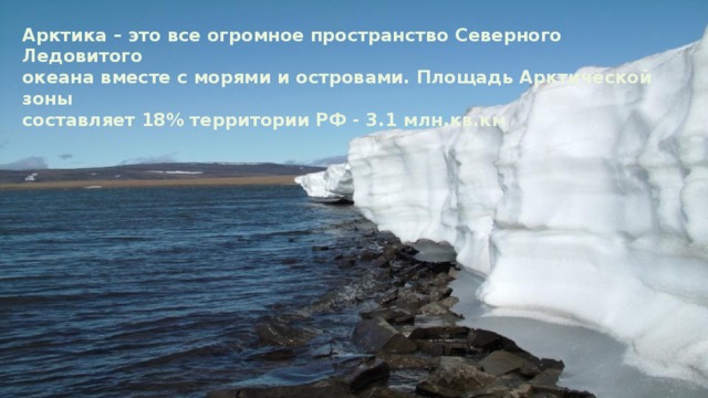 Арктика – это все огромное пространство Северного Ледовитого океана вместе с морями и островами. Площадь Арктической зоны составляет 18% территории РФ - 3.1 млн.кв.км  