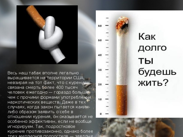 Весь наш табак вполне легально выращивается на территории США, невзирая на тот факт, что с курением связана смерть более 400 тысяч человек ежегодно — гораздо больше, чем с прочими формами употребления наркотических веществ. Даже в тех случаях, когда закон пытается каким-либо образом заявить о себе в отношении курения, он оказывается не особенно эффективен, если не вообще игнорируем. Так, подростковое курение противозаконно, однако более трех миллионов подростков — заядлые курильщики. 