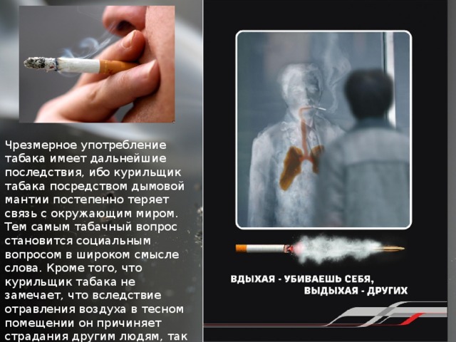 Чрезмерное употребление табака имеет дальнейшие последствия, ибо курильщик табака посредством дымовой мантии постепенно теряет связь с окружающим миром. Тем самым табачный вопрос становится социальным вопросом в широком смысле слова. Кроме того, что курильщик табака не замечает, что вследствие отравления воздуха в тесном помещении он причиняет страдания другим людям, так называемым пассивным курильщикам. 