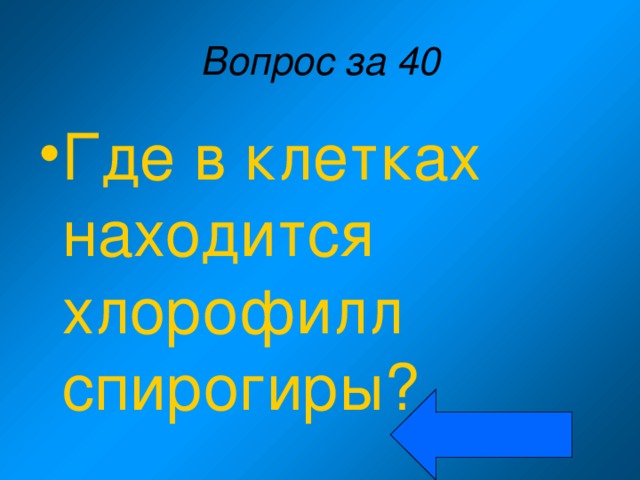 Вопрос за 40 Где в клетках находится хлорофилл спирогиры? 