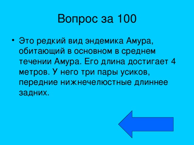 Вопрос за 100 Это редкий вид эндемика Амура, обитающий в основном в среднем течении Амура. Его длина достигает 4 метров. У него три пары усиков, передние нижнечелюстные длиннее задних. 