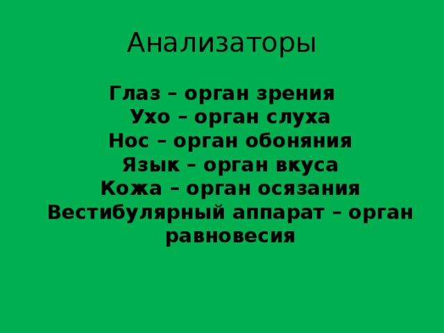 Анализаторы Глаз – орган зрения  Ухо – орган слуха  Нос – орган обоняния  Язык – орган вкуса  Кожа – орган осязания  Вестибулярный аппарат – орган равновесия  