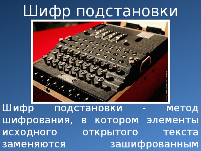 Шифр подстановки Шифр подстановки - метод шифрования, в котором элементы исходного открытого текста заменяются зашифрованным текстом в соответствии с некоторым правилом. 
