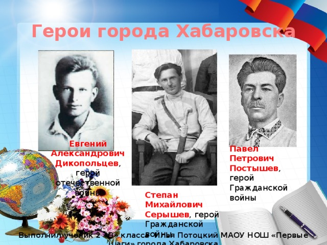 Герои города Хабаровска Памятник авиаторам Дальнего Востока Евгений Александрович Дикопольцев , герой отечественной войны Павел Петрович Постышев , герой Гражданской войны Степан Михайлович Серышев , герой Гражданской войны Выполнил ученик 2 «В» класса Илья Потоцкий МАОУ НОШ «Первые шаги» города Хабаровска 