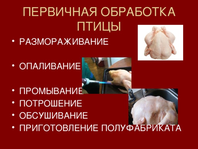 ПЕРВИЧНАЯ ОБРАБОТКА ПТИЦЫ РАЗМОРАЖИВАНИЕ ОПАЛИВАНИЕ ПРОМЫВАНИЕ ПОТРОШЕНИЕ ОБСУШИВАНИЕ ПРИГОТОВЛЕНИЕ ПОЛУФАБРИКАТА 