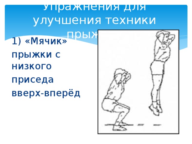 Упражнения для улучшения техники прыжков 1) «Мячик» прыжки с низкого приседа вверх-вперёд 
