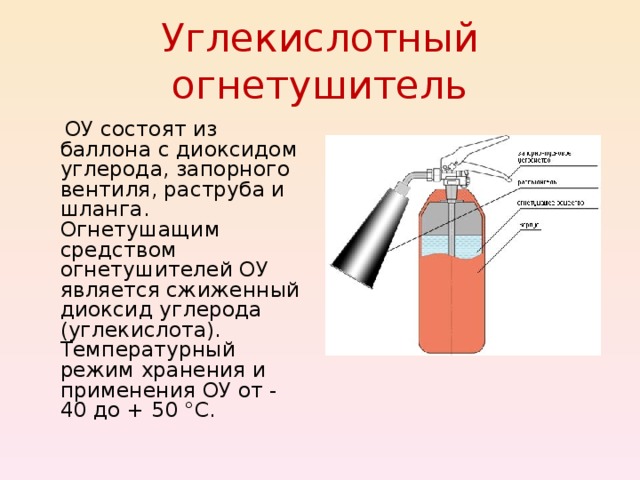 Углекислотный огнетушитель  ОУ состоят из баллона с диоксидом углерода, запорного вентиля, раструба и шланга. Огнетушащим средством огнетушителей ОУ является сжиженный диоксид углерода (углекислота). Температурный режим хранения и применения ОУ от - 40 до + 50 °С. 