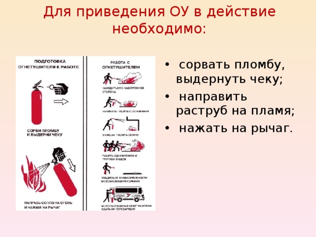 Для приведения ОУ в действие необходимо:   • сорвать пломбу, выдернуть чеку; • направить раструб на пламя; • нажать на рычаг. 