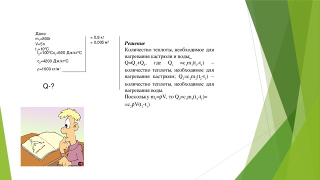Дано: m 1 =800г V=5л t 1 =10 0 C = 0,8 кг = 0,005 м 3 Решение Количество теплоты, необходимое для нагревания кастрюли и воды : Q=Q 1 +Q 2 , где Q 1 =c 1 m 1 (t 2 -t 1 ) – количество теплоты, необходимое для нагревания кастрюли; Q 2 =c 2 m 2 (t 2 -t 1 ) – количество теплоты, необходимое для нагревания воды. Поскольку m 2 =  V, то Q 2 =c 2 m 2 (t 2 -t 1 )= =c 2  V(t 2 -t 1 ) t 2 =100 0 Cс 1 =920 Дж/кг 0 С с 2 =4200 Дж/кг 0 С  =1000 кг/м 3  Q-? 