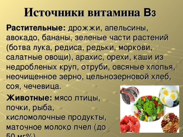Источники витамина В 3  Растительные:  дрожжи, апельсины, авокадо, бананы, зеленые части растений (ботва лука, редиса, редьки, моркови, салатные овощи), арахис, орехи, каши из недробленых круп, отруби, овсяные хлопья, неочищенное зерно, цельнозерновой хлеб, соя, чечевица. Животные: мясо птицы, почки, рыба, кисломолочные продукты, маточное молоко пчел (до 50 мг%). 
