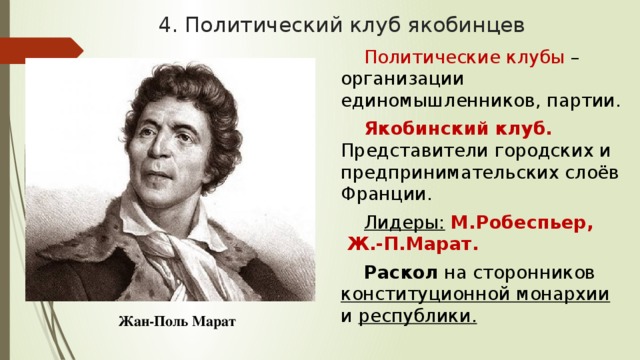 4. Политический клуб якобинцев Политические клубы – организации единомышленников, партии. Якобинский клуб. Представители городских и предпринимательских слоёв Франции. Лидеры:  М.Робеспьер, Ж.-П.Марат. Раскол на сторонников конституционной монархии и республики. Жан-Поль Марат 