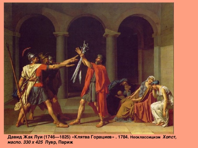 Давид Жак Луи (1746—1825) «Клятва Горациев» . 1784. Неоклассицизм Холст, масло. 330 x 425 Лувр, Париж 