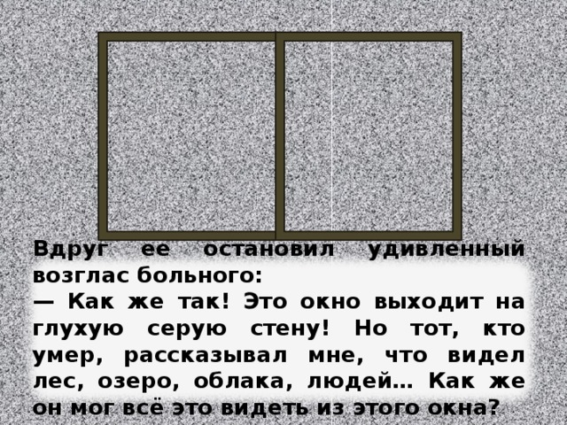 Вдруг её остановил удивлённый возглас больного: — Как же так! Это окно выходит на глухую серую стену! Но тот, кто умер, рассказывал мне, что видел лес, озеро, облака, людей… Как же он мог всё это видеть из этого окна? 