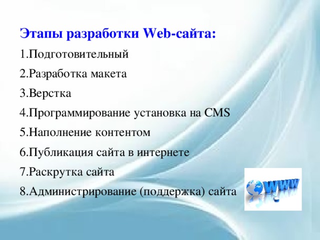 Этапы разработки Web-сайта:  Подготовительный Разработка макета Верстка Программирование установка на CMS Наполнение контентом Публикация сайта в интернете Раскрутка сайта Администрирование (поддержка) сайта 