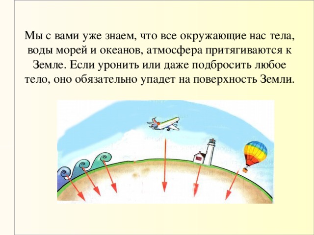 Мы с вами уже знаем, что все окружающие нас тела, воды морей и океанов, атмосфера притягиваются к Земле. Если уронить или даже подбросить любое тело, оно обязательно упадет на поверхность Земли.