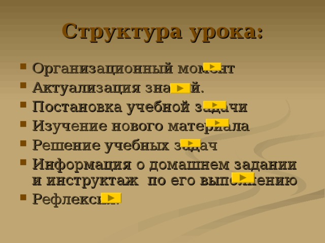 Структура урока: Организационный момент Актуализация знаний. Постановка учебной задачи Изучение нового материала Решение учебных задач Информация о домашнем задании и инструктаж по его выполнению Рефлексия. 