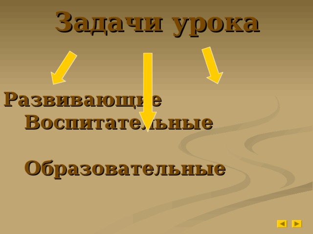 Задачи урока   Развивающие    Воспитательные              Образовательные 