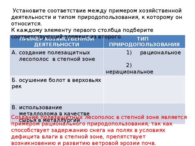 Установите соответствие между примером хозяйственной деятельности и типом природопользования, к которому он относится.  К каждому элементу первого столбца подберите соответствующий элемент из второго. ПРИМЕР ХОЗЯЙСТВЕННОЙ ДЕЯТЕЛЬНОСТИ ТИП ПРИРОДОПОЛЬЗОВАНИЯ создание полезащитных лесополос в степной зоне  1)  рациональное Б. осушение болот в верховьях рек использование металлолома в качестве сырья в металлургии  2) нерациональное Создание полезащитных лесополос в степной зоне является примером рационального природопользования, так как способствует задержанию снега на полях в условиях дефицита влаги в степной зоне, препятствует возникновению и развитию ветровой эрозии почв. 