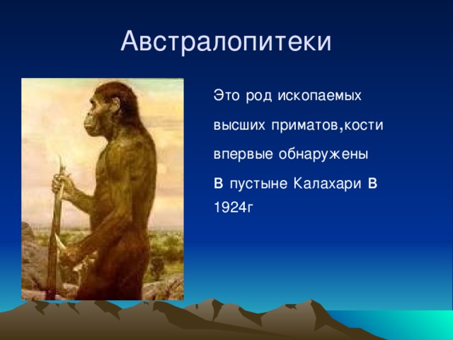 Австралопитеки Это  род  ископаемых высших  приматов , кости впервые  обнаружены  в пустыне  Калахари в 1924г 