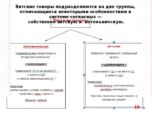 Вятские говоры подразделяются на две группы, отличающиеся некоторыми особенностями в системе согласных —  собственно вятскую и  котельничскую.    