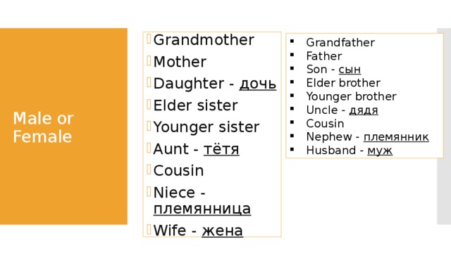 Grandmother Mother Daughter - дочь Elder sister Younger sister Aunt - тётя Cousin Niece - племянница Wife - жена Grandfather Father Son - сын Elder brother Younger brother Uncle - дядя Cousin Nephew - племянник Husband - муж Male or Female 