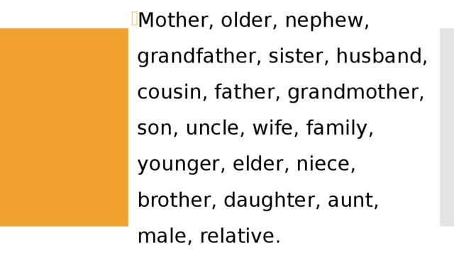 Mother, older, nephew, grandfather, sister, husband, cousin, father, grandmother, son, uncle, wife, family, younger, elder, niece, brother, daughter, aunt, male, relative. 