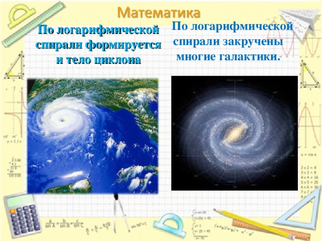   По логарифмической спирали закручены многие галактики.   По логарифмической спирали формируется и тело циклона 17 
