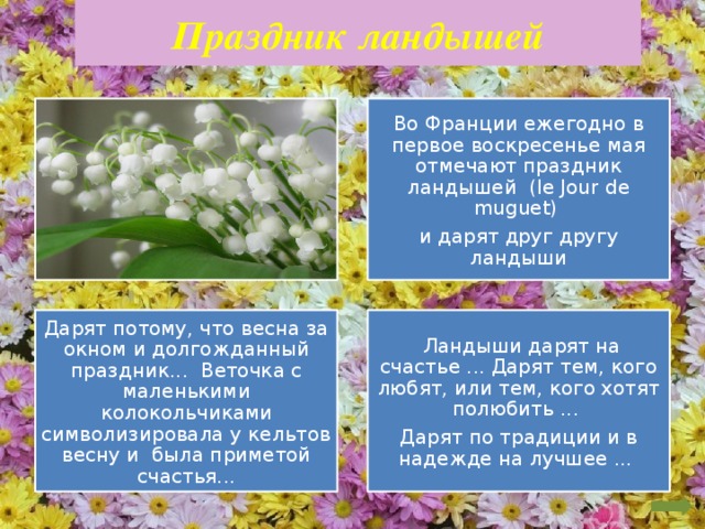 Праздник ландышей Во Франции ежегодно в первое воскресенье мая отмечают праздник ландышей (le Jour de muguet) и дарят друг другу ландыши Дарят потому, что весна за окном и долгожданный праздник... Веточка с маленькими колокольчиками символизировала у кельтов весну и была приметой счастья...  Ландыши дарят на счастье ... Дарят тем, кого любят, или тем, кого хотят полюбить ... Дарят по традиции и в надежде на лучшее ... 4